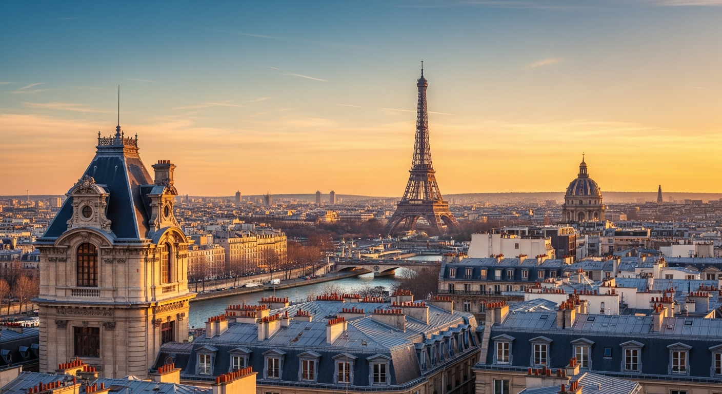 Vue panoramique de Paris au coucher du soleil avec la tour Eiffel, la Seine et les toits parisiens, symbole du patrimoine culturel français.