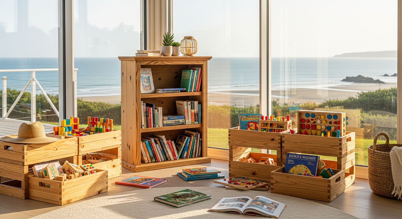 Coin enfants aménagé dans une maison de vacances en bord de mer, sans personnes visibles : petite bibliothèque en bois, tapis clair, paniers en osier, livres ouverts, jeux en bois, chapeau de paille accroché, lumière douce de fin d’après-midi, arrière-plan avec fenêtre donnant sur la mer, style photo éditorial, composition soignée, haute résolution